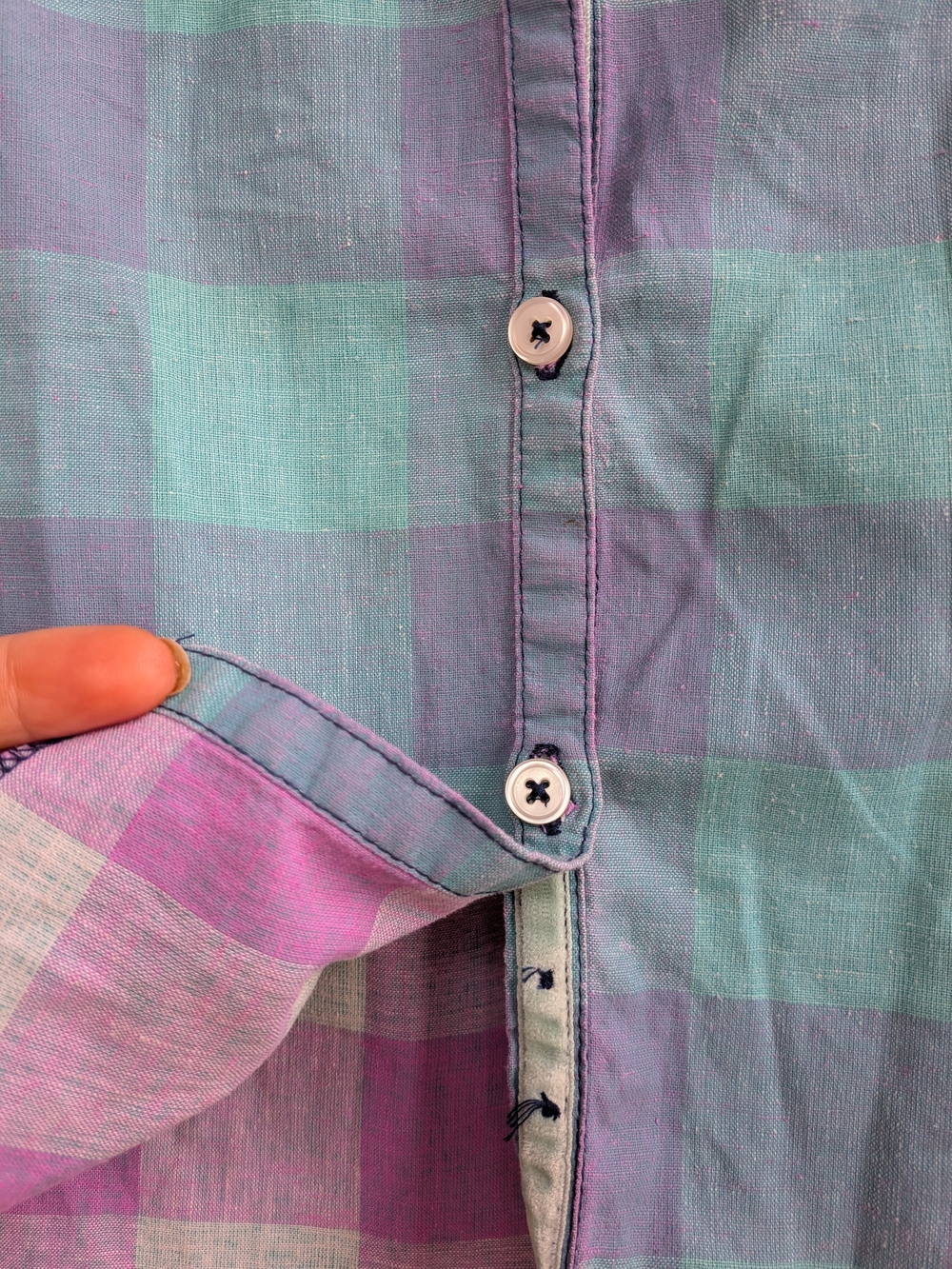 Madras Plaid Button-Down Shirt in Teal and Purple, Cotton + Linen, Small